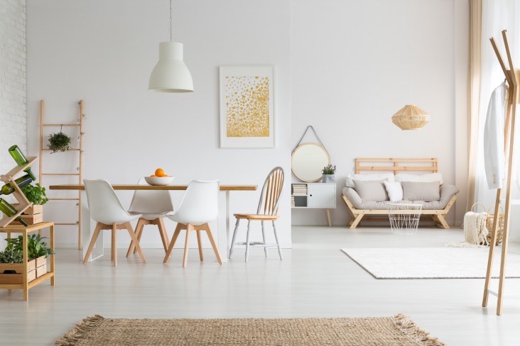 White dining and living area