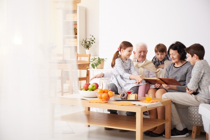 Family seated on couch