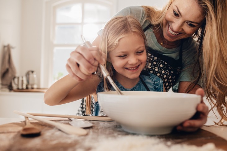 Woman and girl bake together