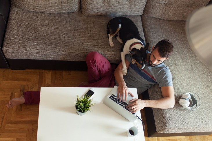 Men and dog work from home 